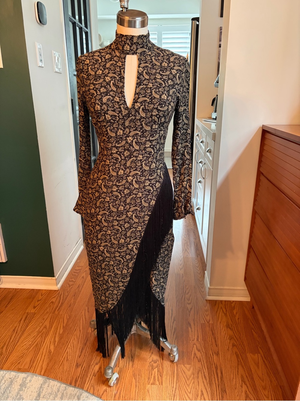 Zara Black Paisley Keyhole Fringe Long Sleeve Midi Dress